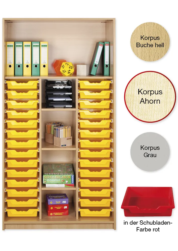 Material-Hochschrank-Regal L, Basistiefe, 5 Fachböden, 28 Schubladen L