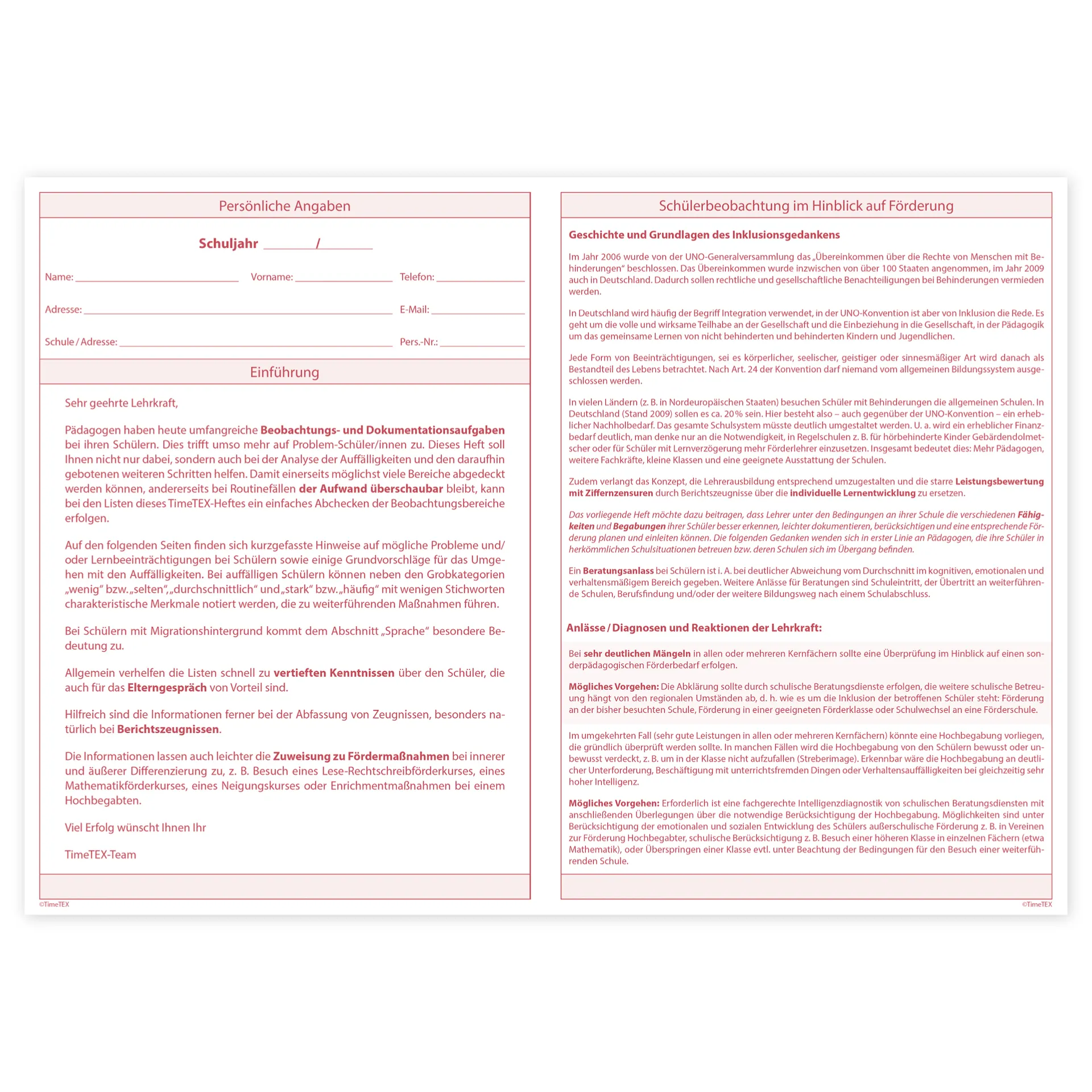 TimeTEX Heft Schüler-Inklusion, DIN A4