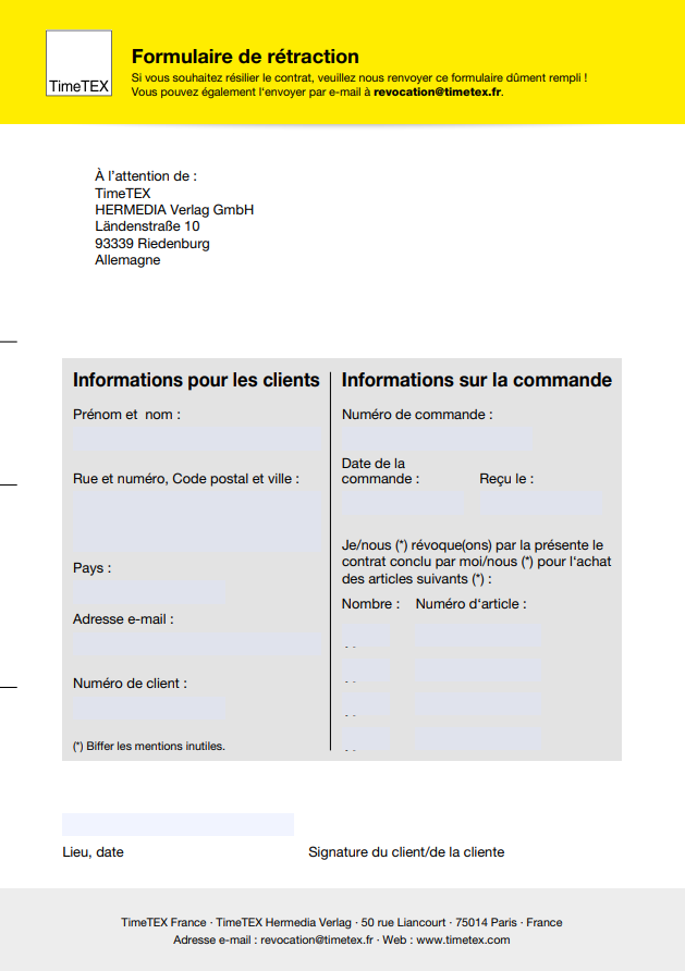 Formulaire de rétractation