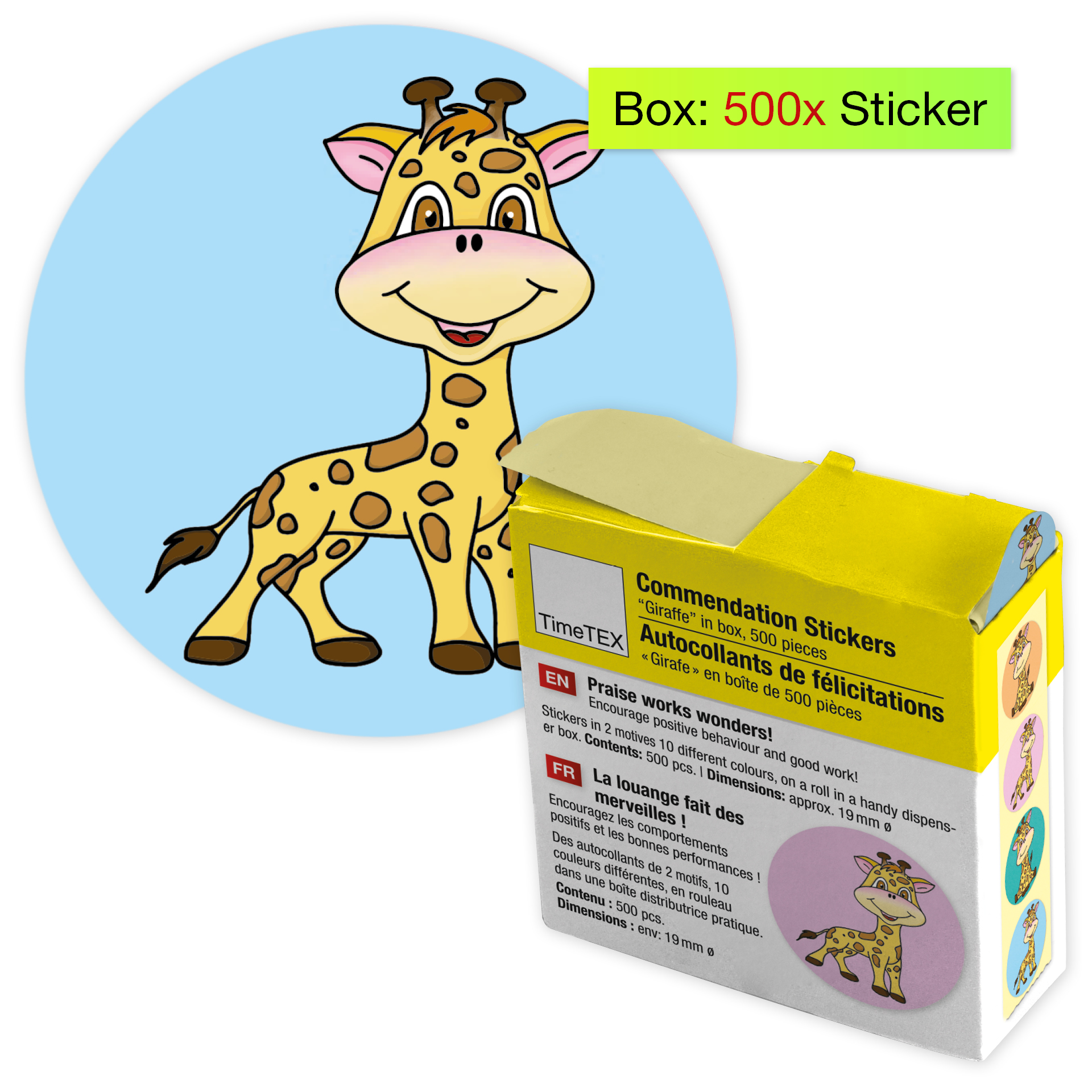 Abțibilduri pentru motivare și recompensare "girafă", în cutie-dispenser, 500 de bucăți