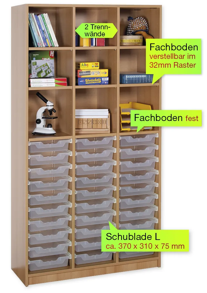 Material-Hochschrank-Regal L, Basistiefe, 9 Fachböden, 30 Schubladen L