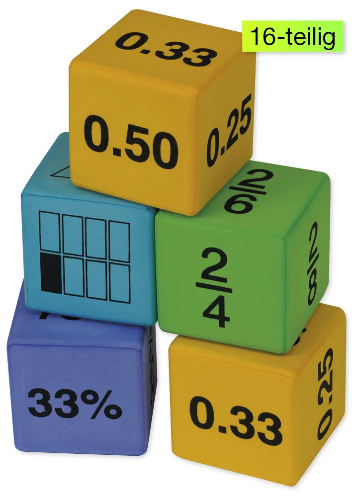 Set med viskande tärningar "Bråk - Procent - Decimal", 4,3 cm, 16 st.