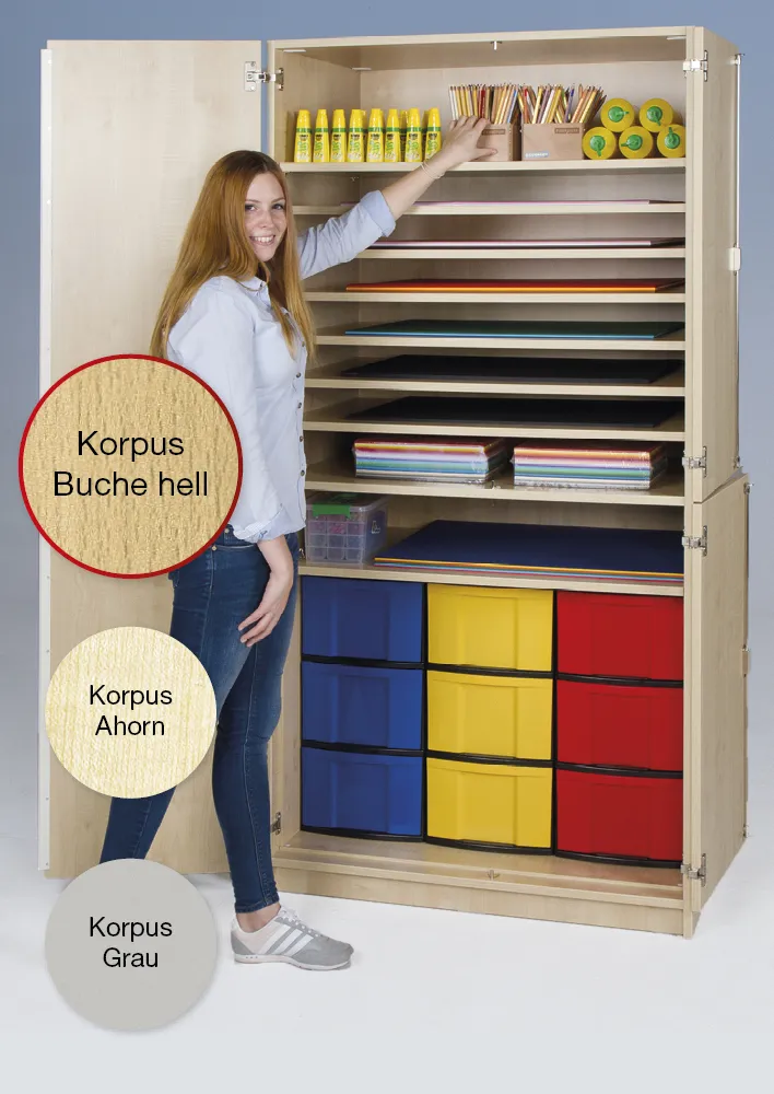 Material-Hochschrank M geteilt, Extratiefe, 9 Fachböden, 9 Boxen XL