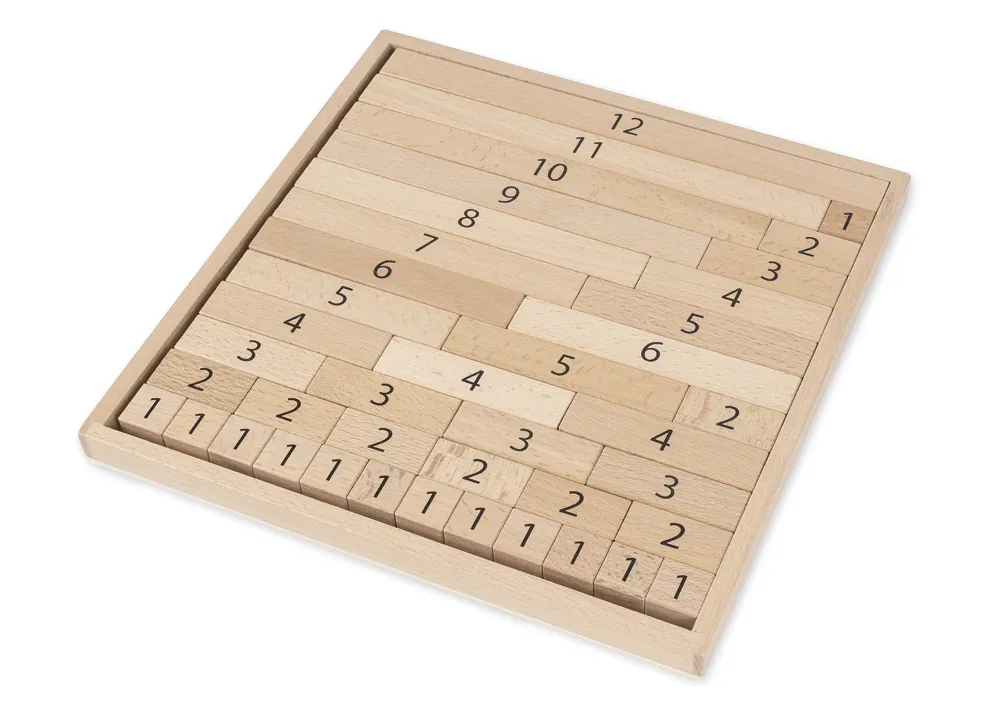 Dřevěné bloky s čísly 1-12 k porovnávání a počítání, 41 ks. V rámečku