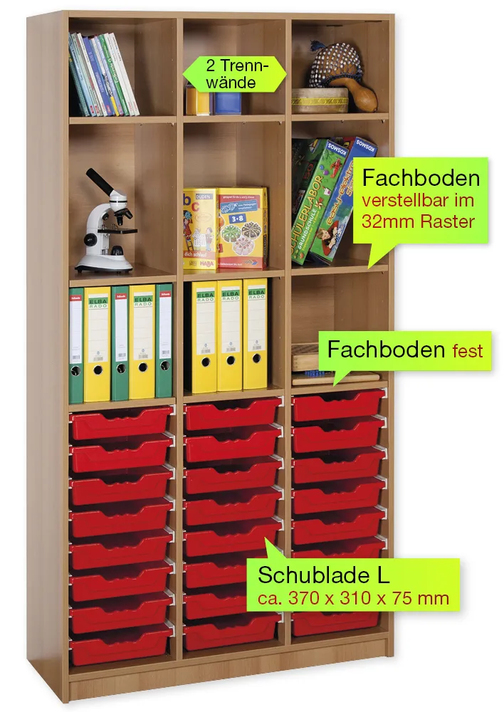 Material-Hochschrank-Regal L, Basistiefe, 9 Fachböden, 24 Schubladen L