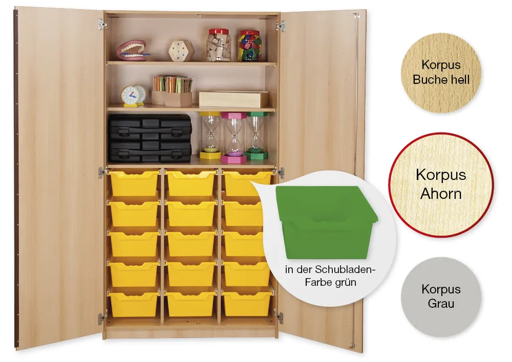 Material-Hochschrank L, Plustiefe, 3 Fachböden, 15 Schubladen XL