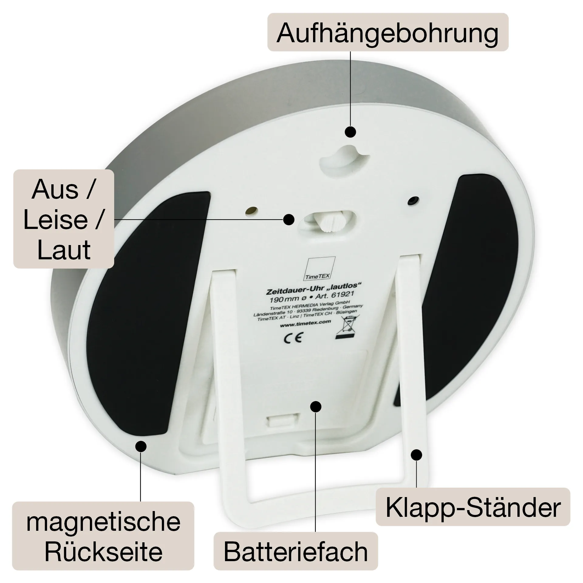 TimeTEX Zeitdauer-Uhr "lautlos" L, 19 cm ø
