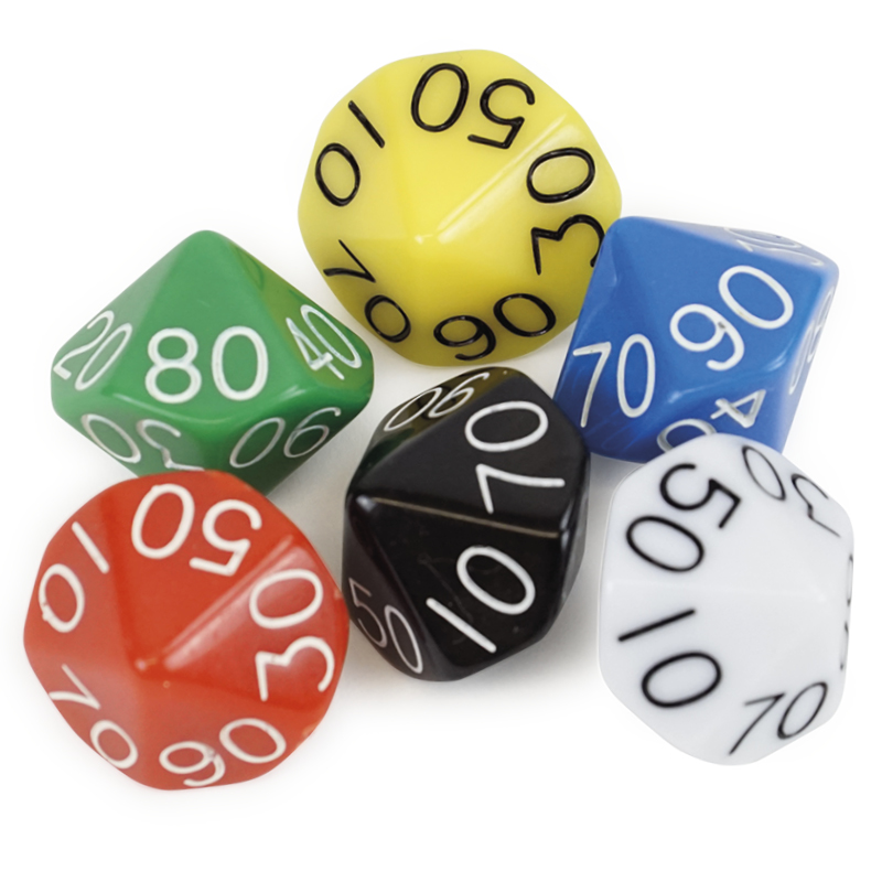 Set Würfel zehnseitig 00-90 (Zehner), 6 Stück im Polybeutel