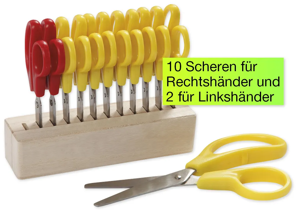 Kinderscheren mit großen Grifflöchern im Holzständer, 13-tlg.