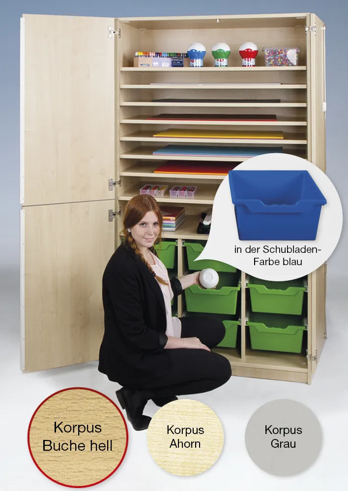 Material-Hochschrank L geteilt, Extratiefe, 9 Fachböden, 9 Schubladen XL