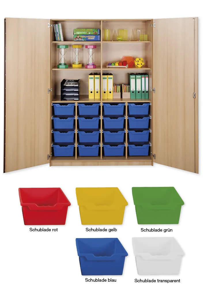 Material-Hochschrank XXL, Plustiefe, 6 Fachböden, 16 Schubladen XL