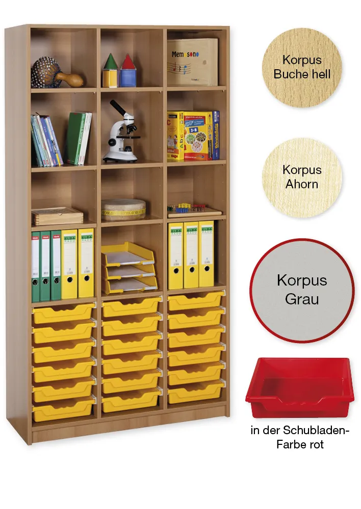 Material-Hochschrank-Regal L, Basistiefe, 12 Fachböden, 18 Schubladen L