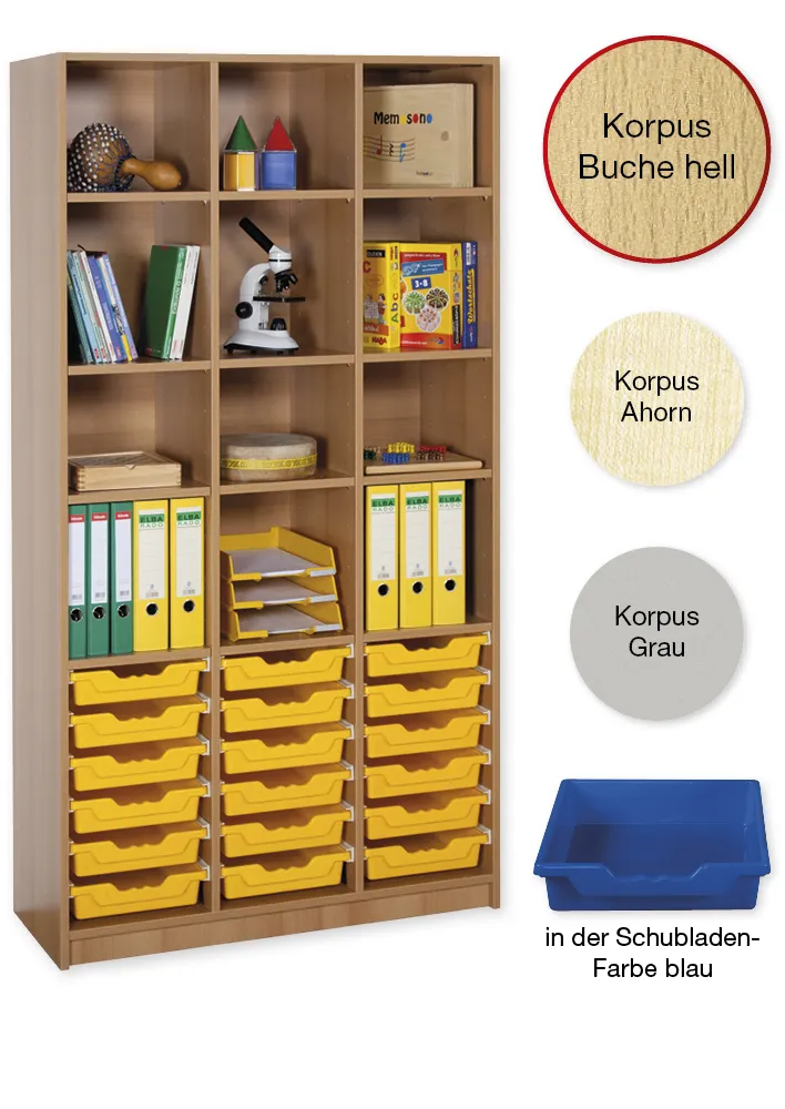 Material-Hochschrank-Regal L, Basistiefe, 12 Fachböden, 18 Schubladen L