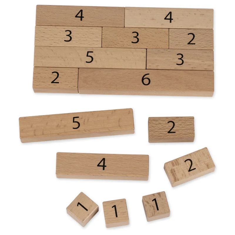 Dřevěné bloky s čísly 1-12 k porovnávání a počítání, 41 ks. V rámečku