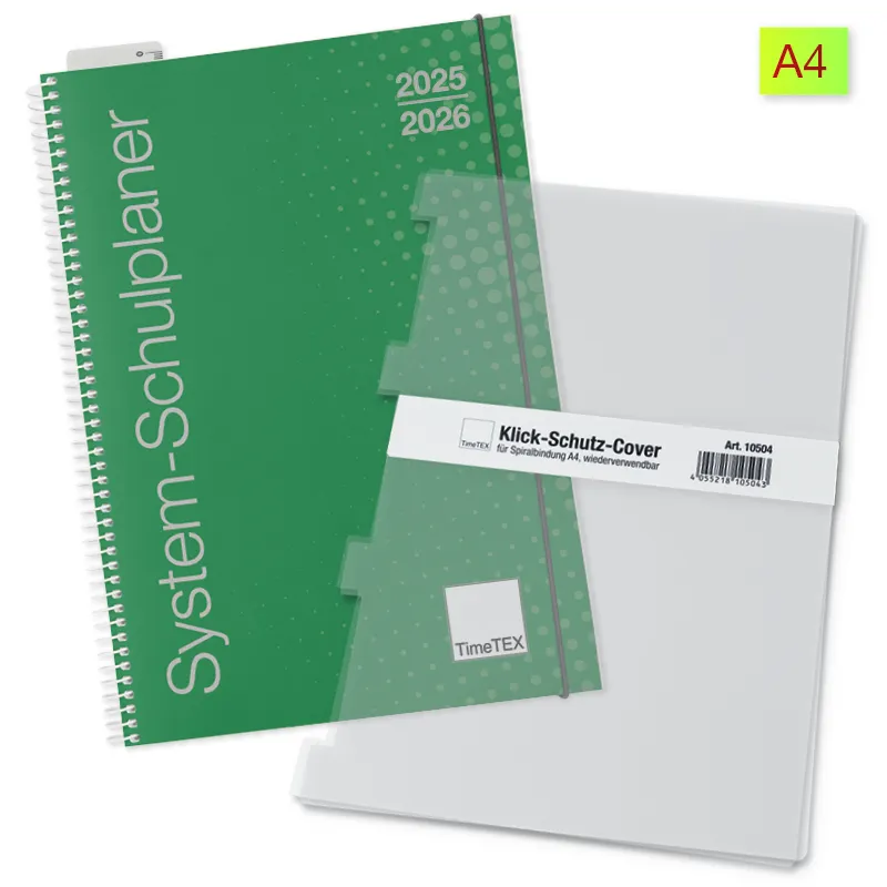 System-Schulplaner-Set 2025/2026 A4, grün, mit Klick-Schutz-Cover