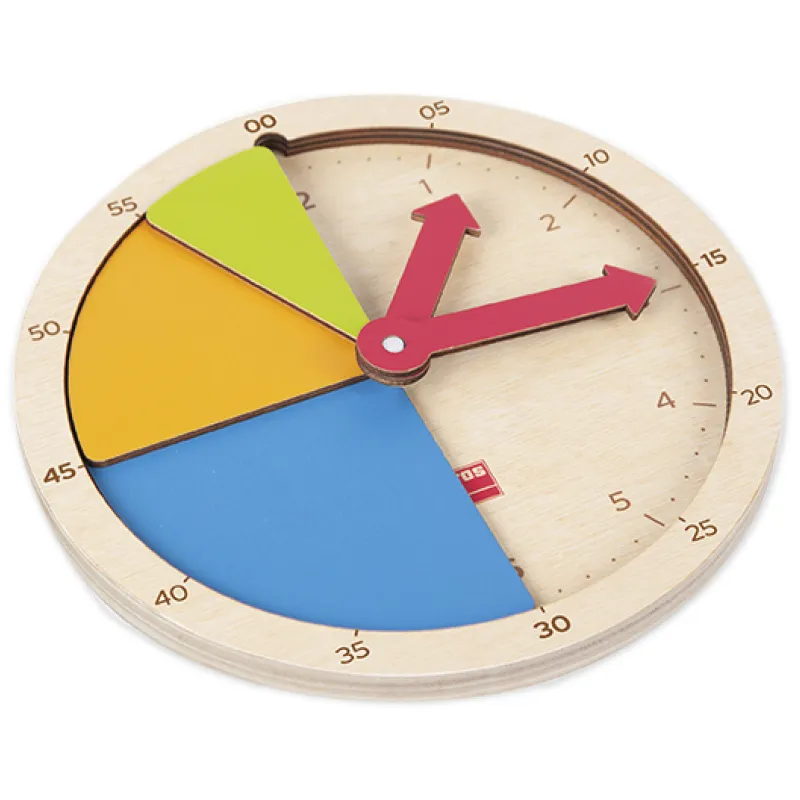 Zeit- und Bruchrechen-Uhr aus Holz, 22,5 cm ø, 19-tlg.