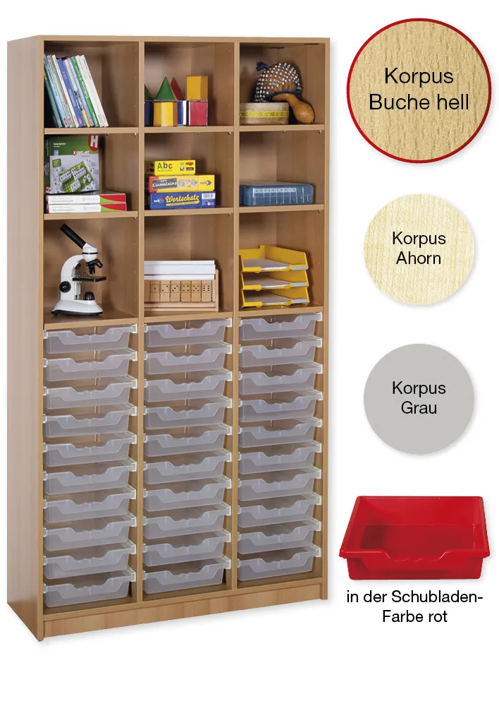 Material-Hochschrank-Regal L, Basistiefe, 9 Fachböden, 30 Schubladen L