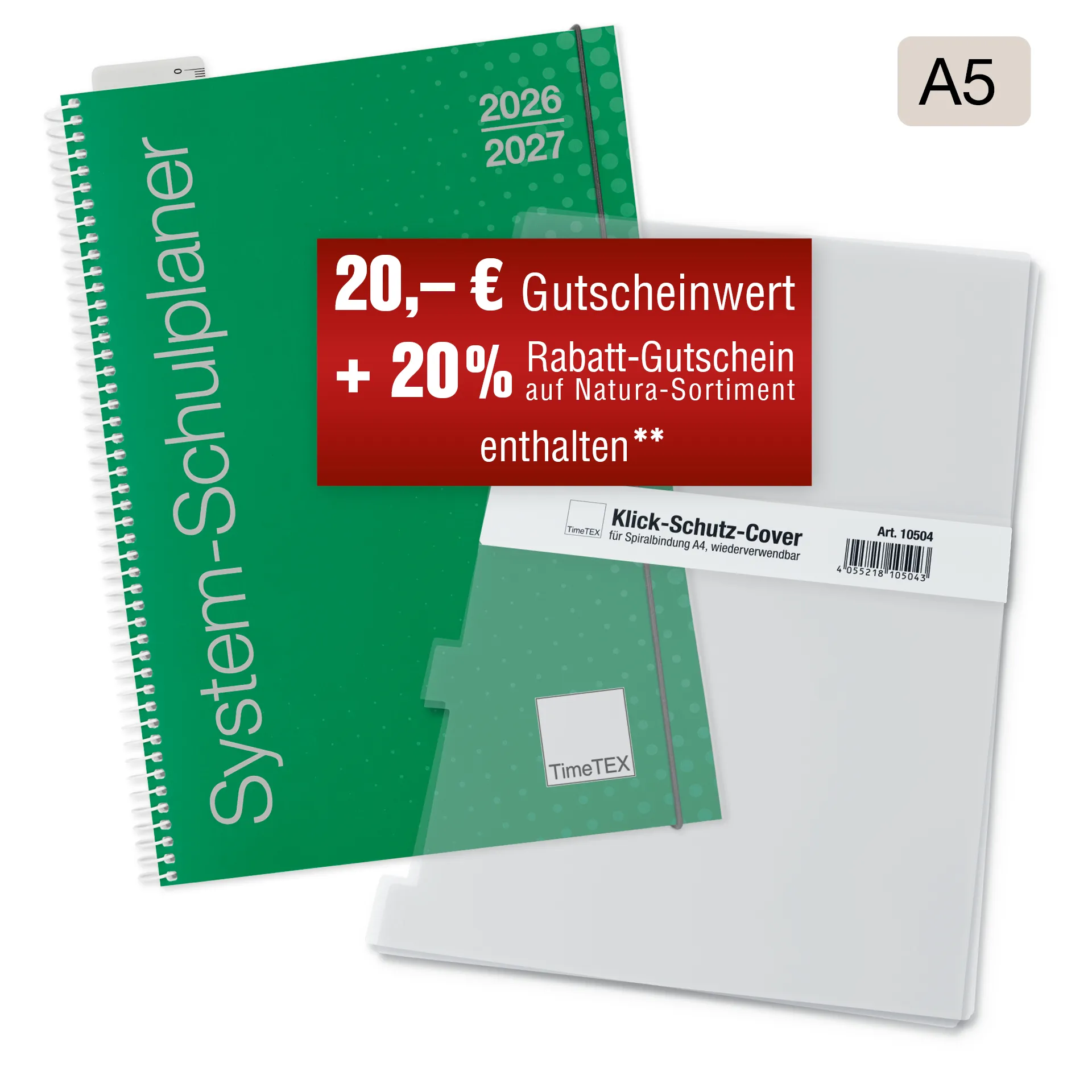 System-Schulplaner-Set 2026/2027 A5, grün, mit Klick-Schutz-Cover