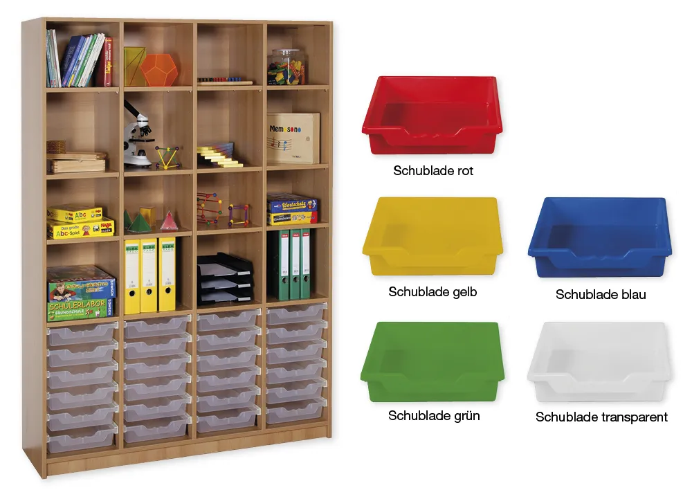 Material-Hochschrank-Regal XL, Basistiefe, 16 Fachböden, 24 Schubladen L