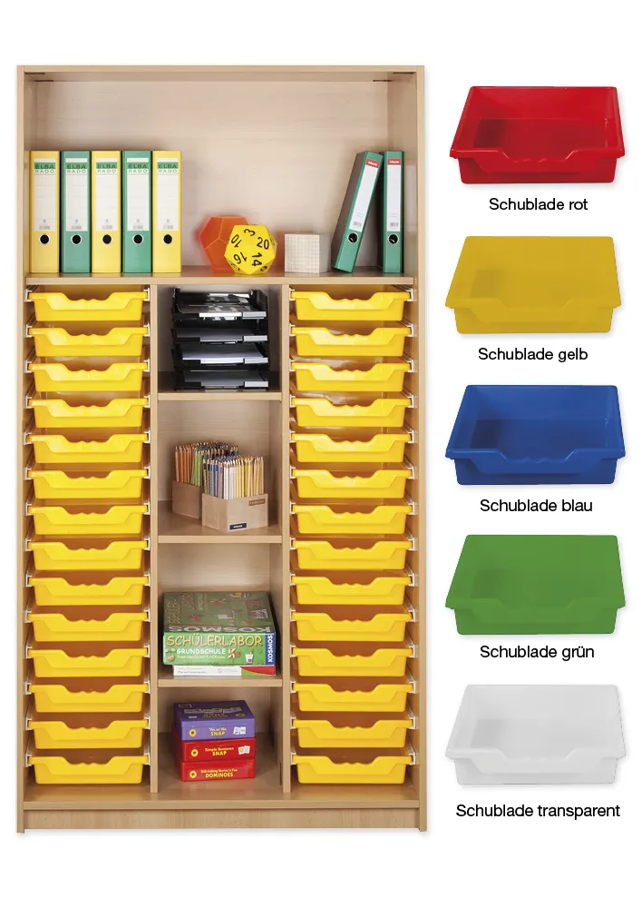 Material-Hochschrank-Regal L, Basistiefe, 5 Fachböden, 28 Schubladen L