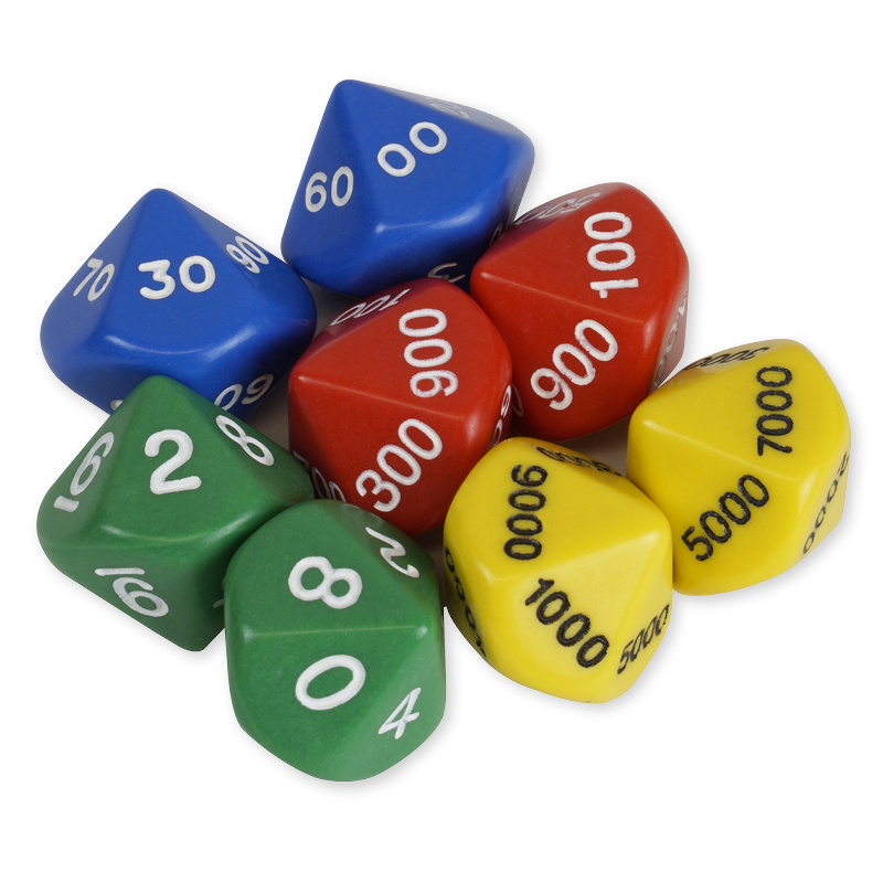 Set med tiosidiga tärningar, 8 delar, ca. 20 mm