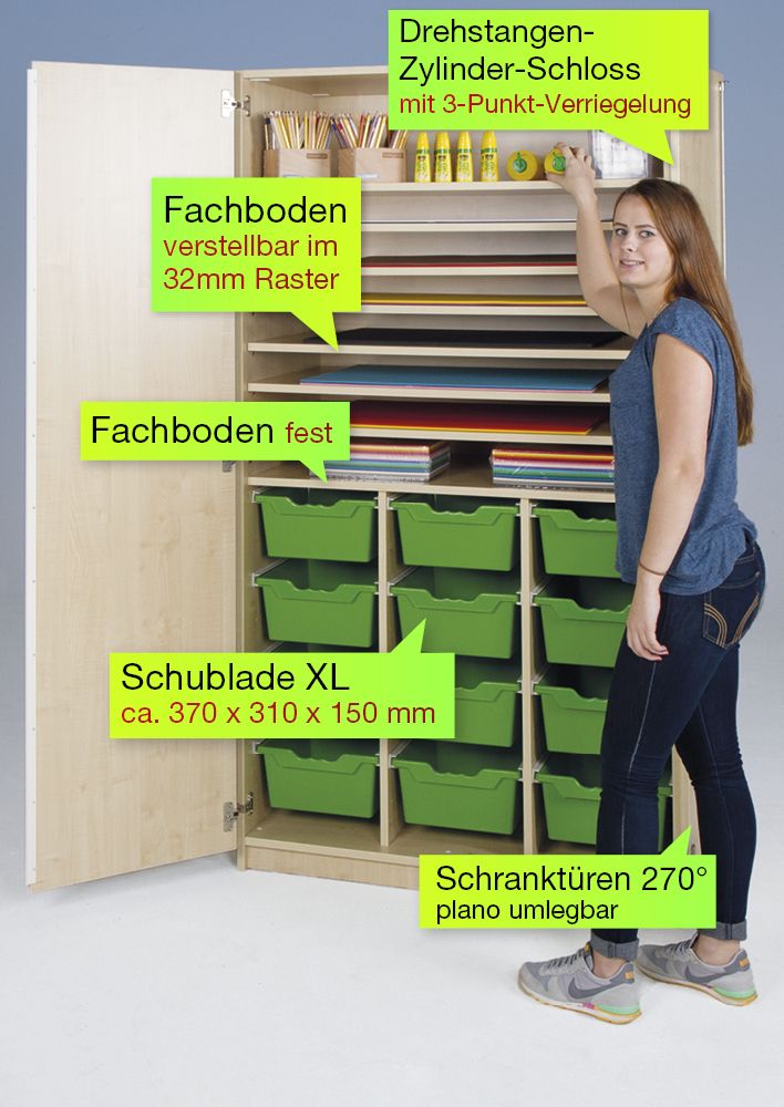 Material-Hochschrank L, Extratiefe, 8 Fachböden, 12 Schubladen XL