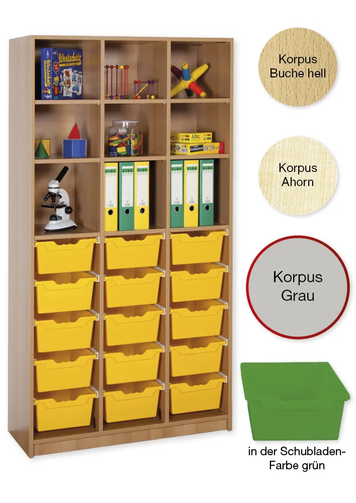 Material-Hochschrank-Regal L, Basistiefe, 9 Fachböden, 15 Schubladen XL