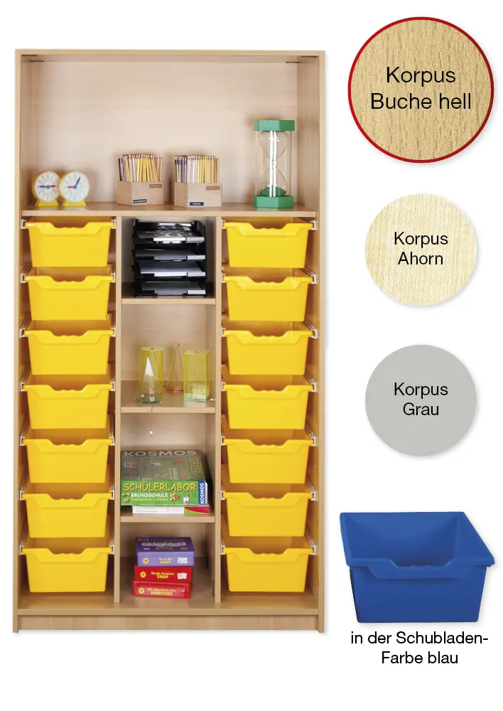 Material-Hochschrank-Regal L, Basistiefe, 5 Fachböden, 14 Schubladen XL