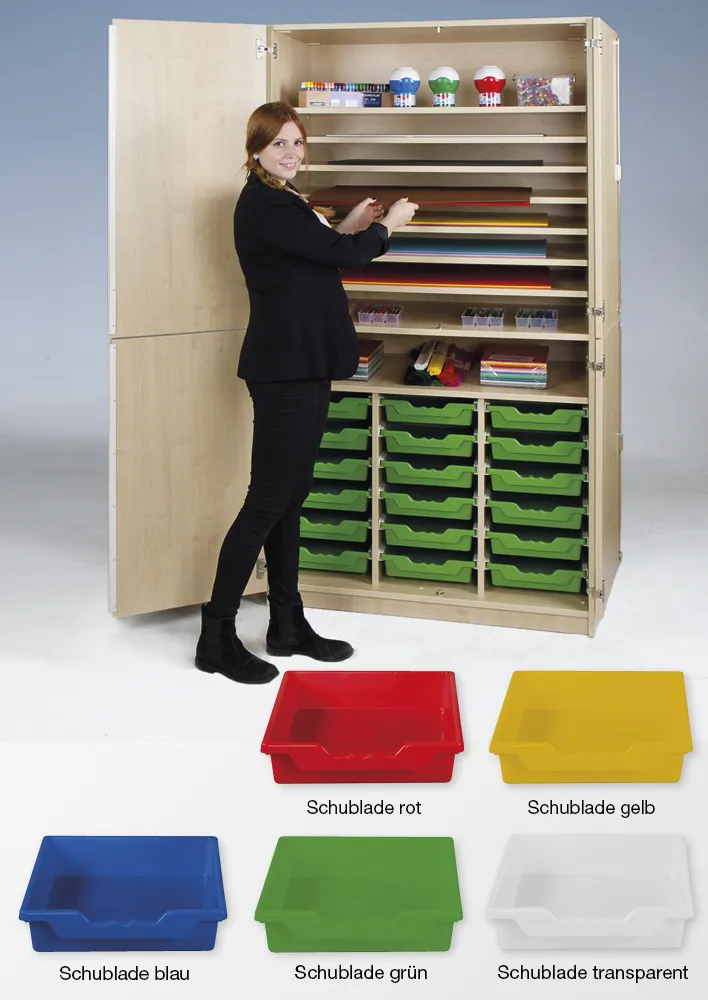 Material-Hochschrank L geteilt, Extratiefe, 9 Fachböden, 18 Schubladen L