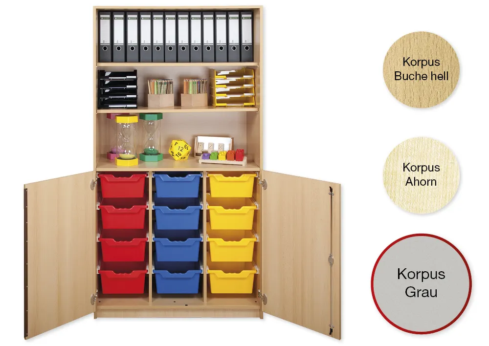 Material-Kombi-Hochschrank-Regal L, Plustiefe, 3 Fachböden, 12 Schubladen XL