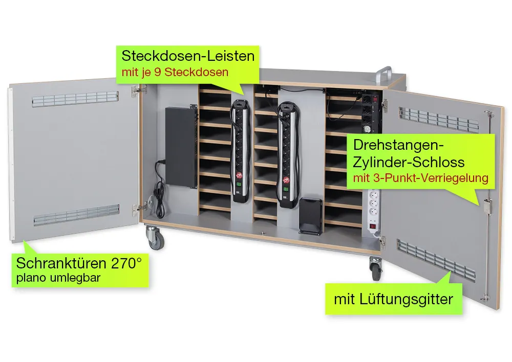 Laptop- und Tablet-Rollschrank, vorne/hinten Türen, 16 Auszüge