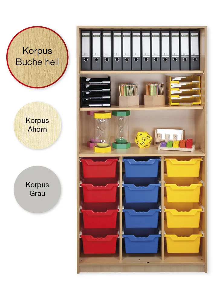 Material-Hochschrank-Regal L, Plustiefe, 3 Fachböden, 12 Schubladen XL