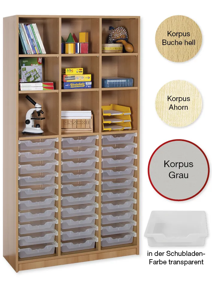 Material-Hochschrank-Regal L, Basistiefe, 9 Fachböden, 30 Schubladen L