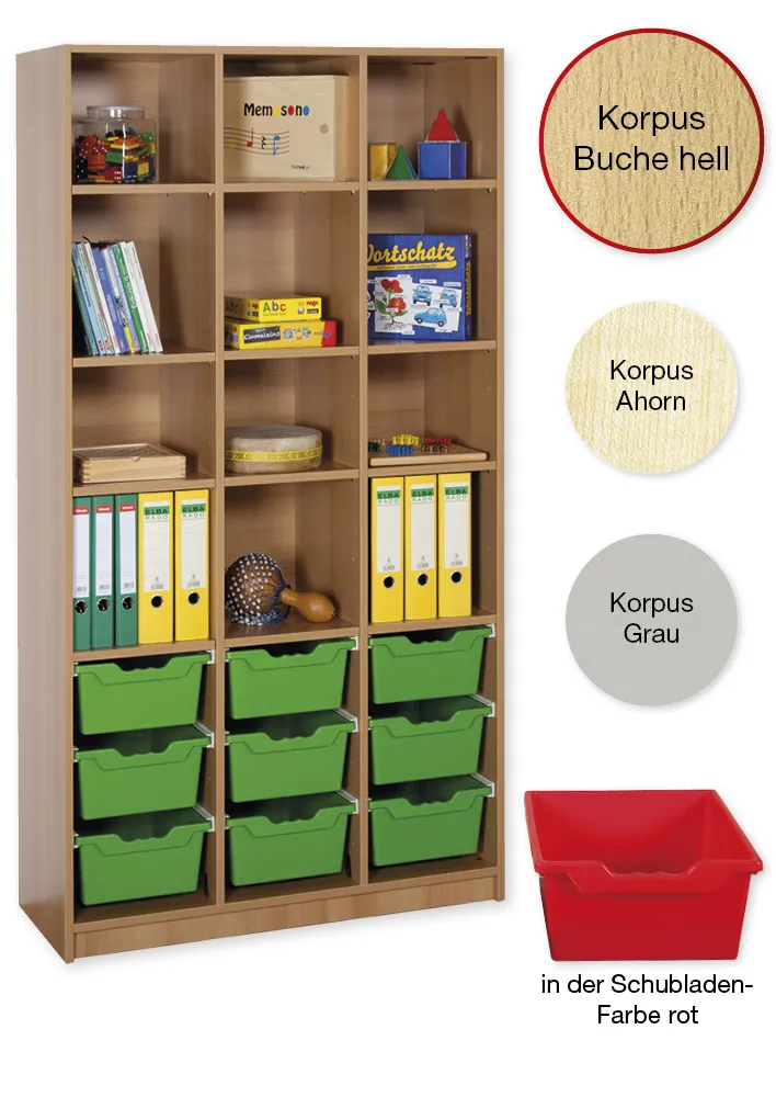 Material-Hochschrank-Regal L, Basistiefe, 12 Fachböden, 9 Schubladen XL