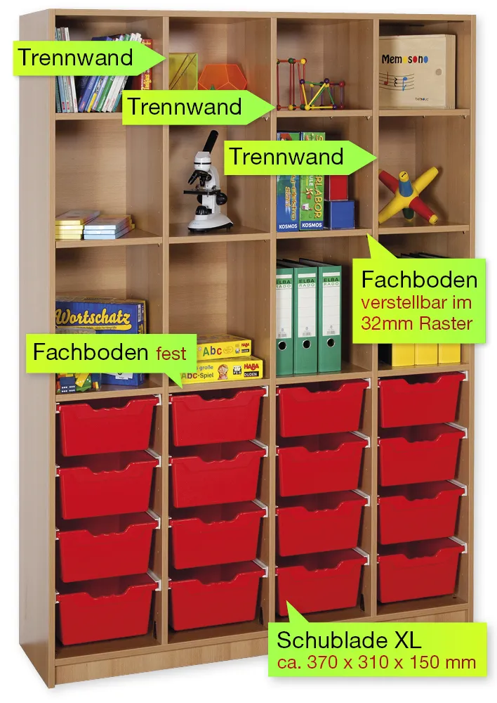 Material-Hochschrank-Regal XL, Basistiefe, 12 Fachböden, 16 Schubladen XL