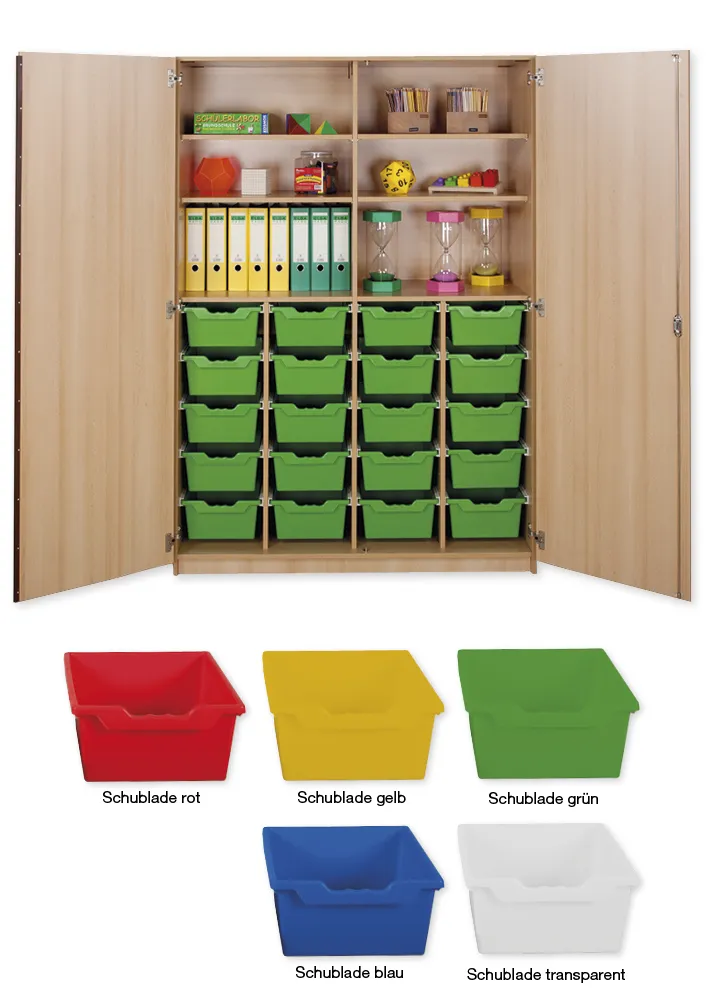 Material-Hochschrank XXL, Plustiefe, 6 Fachböden, 20 Schubladen XL