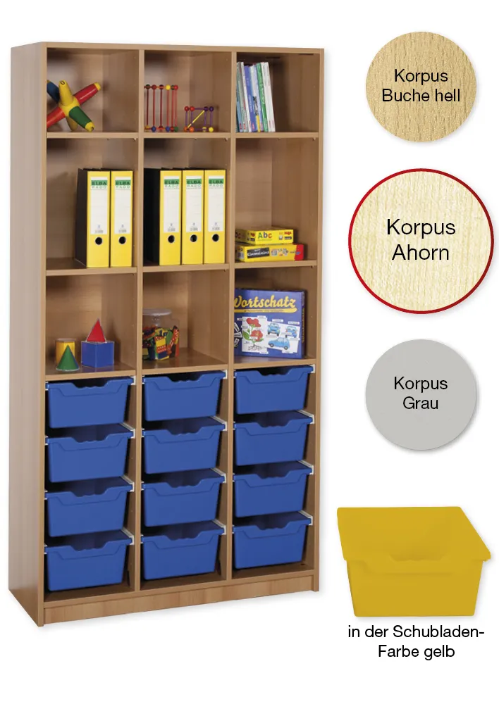 Material-Hochschrank-Regal L, Basistiefe, 9 Fachböden, 12 Schubladen XL