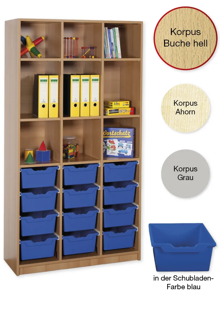 Material-Hochschrank-Regal L, Basistiefe, 9 Fachböden, 12 Schubladen XL