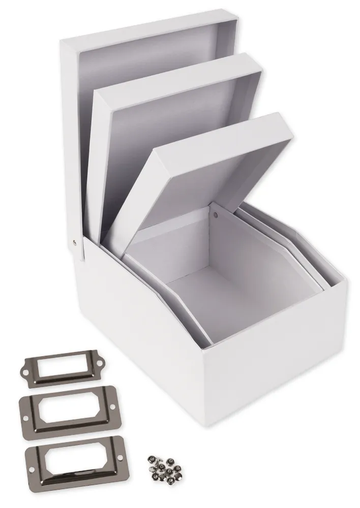 Karteikasten aus Pappe, weiss, 3 verschiedene Grössen mit Klappdeckel