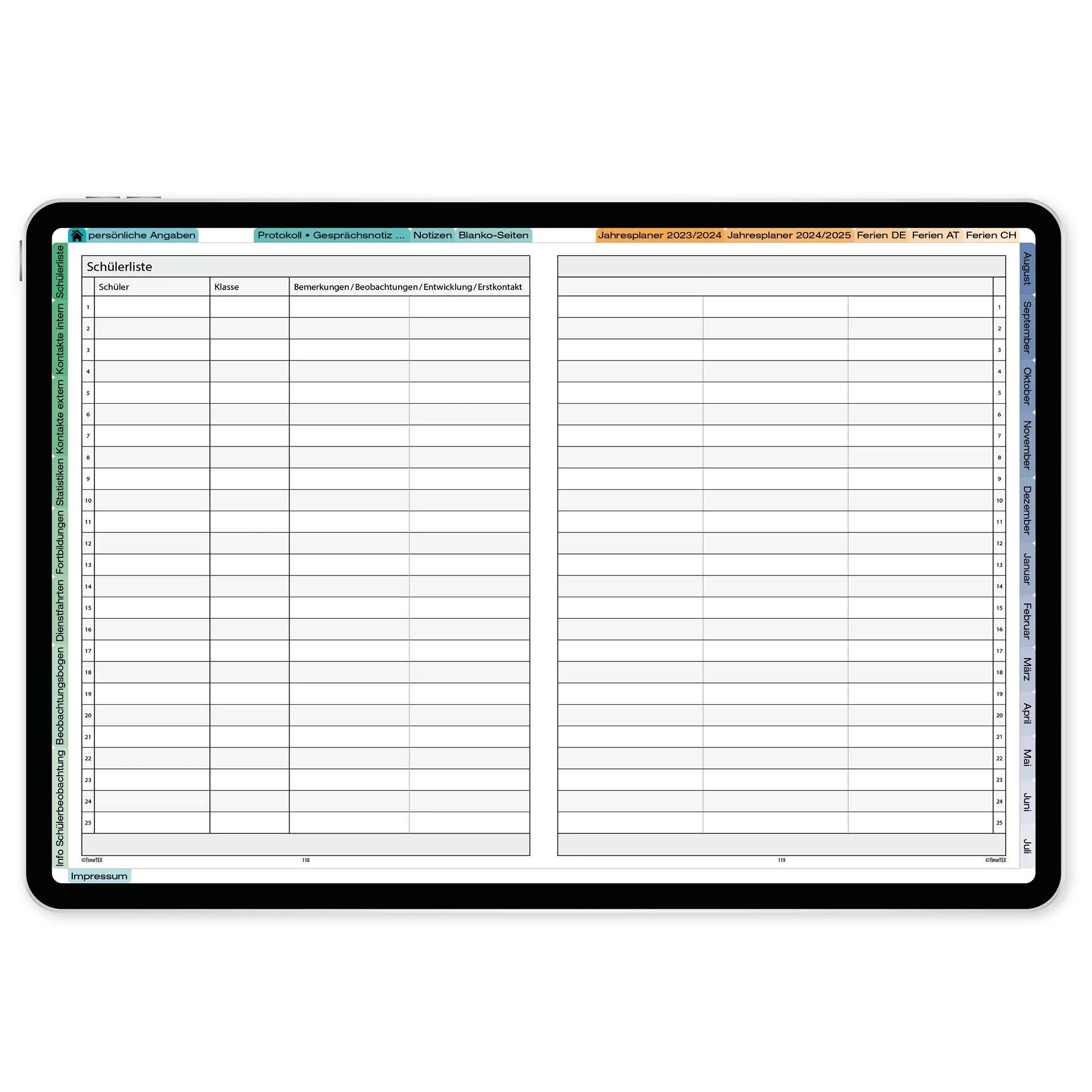 TimeTEX Digitaler Sozial-Pädagogen-Schulplaner DigiPlan 2026/2027