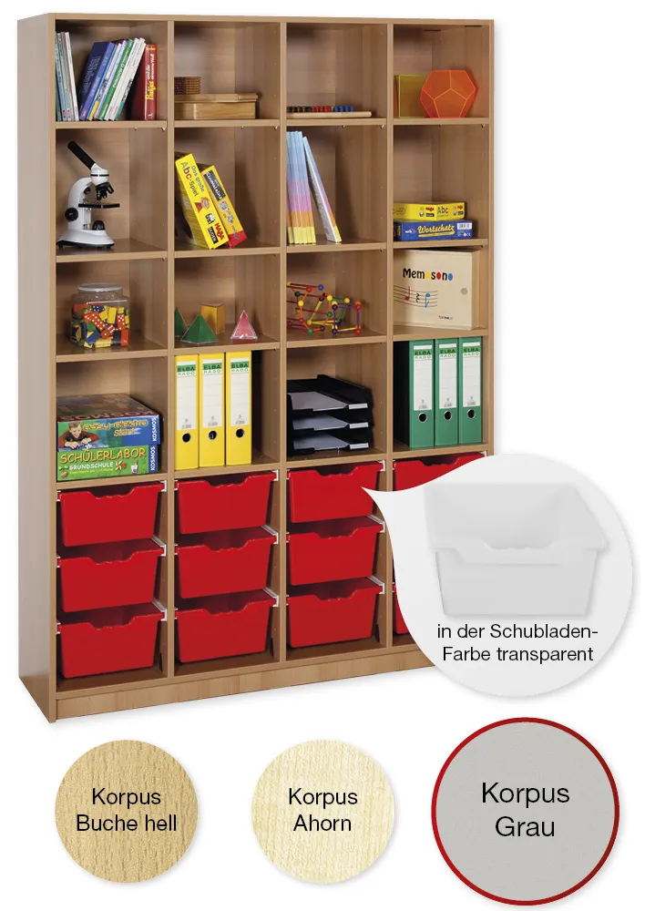Material-Hochschrank-Regal XL, Basistiefe, 16 Fachböden, 12 Schubladen XL