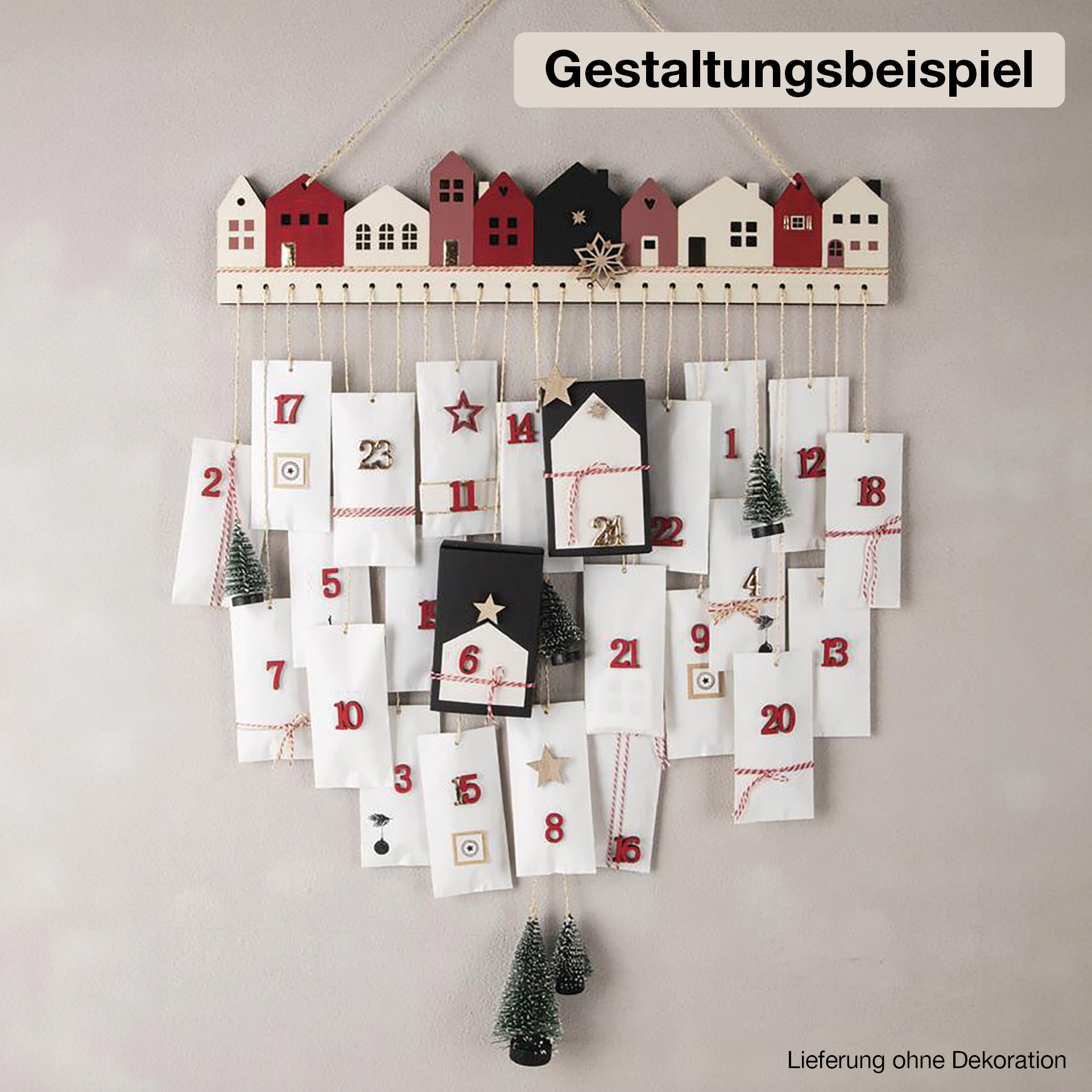 Adventskalender-Leiste "Häuser" aus Holz, mit 24 Bohrungen, ca. 44,4 cm