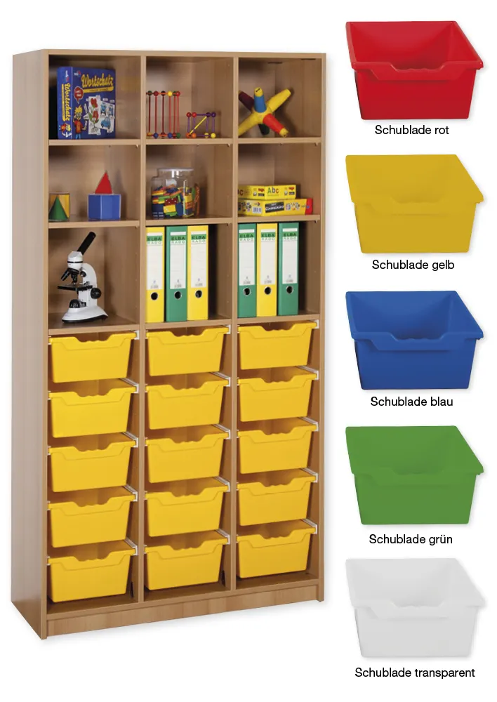 Material-Hochschrank-Regal L, Basistiefe, 9 Fachböden, 15 Schubladen XL
