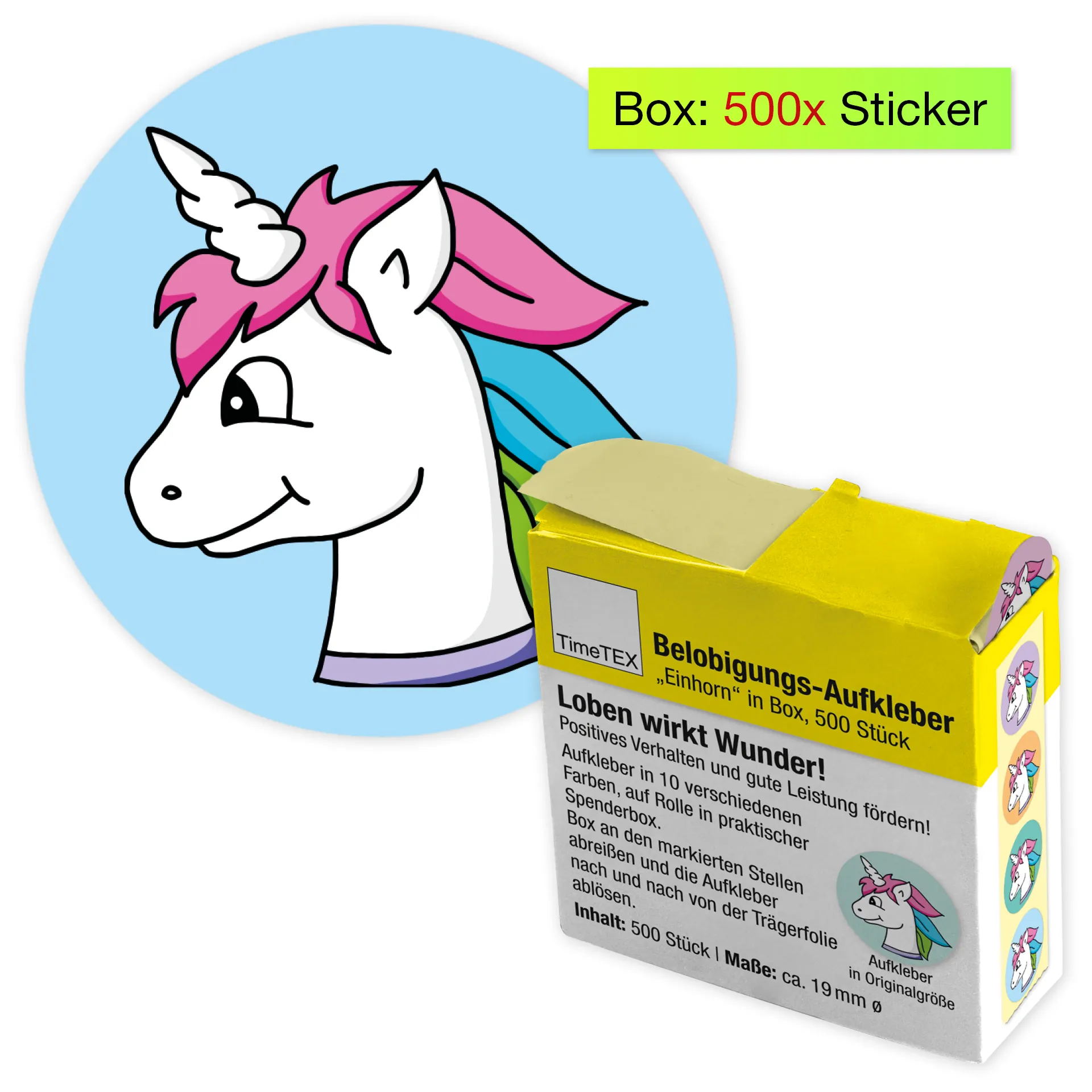 Belobigungs-Aufkleber "Einhorn" in Spender-Box, 500 Stück