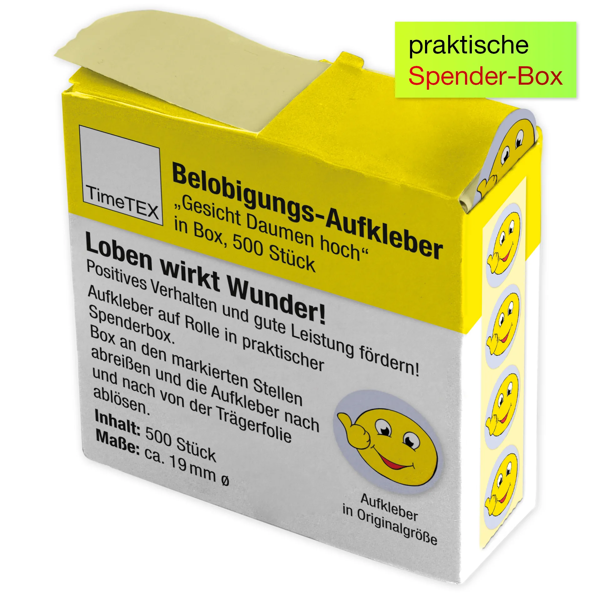 Belobigungs-Aufkleber "Gesicht Daumen hoch" in Spender-Box, 500 Stück