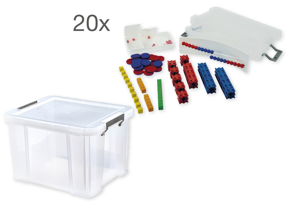 Klassuppsättning matematik grundset plus nummerintervall upp till 20, röd/blå, 20 stycken, i kartong