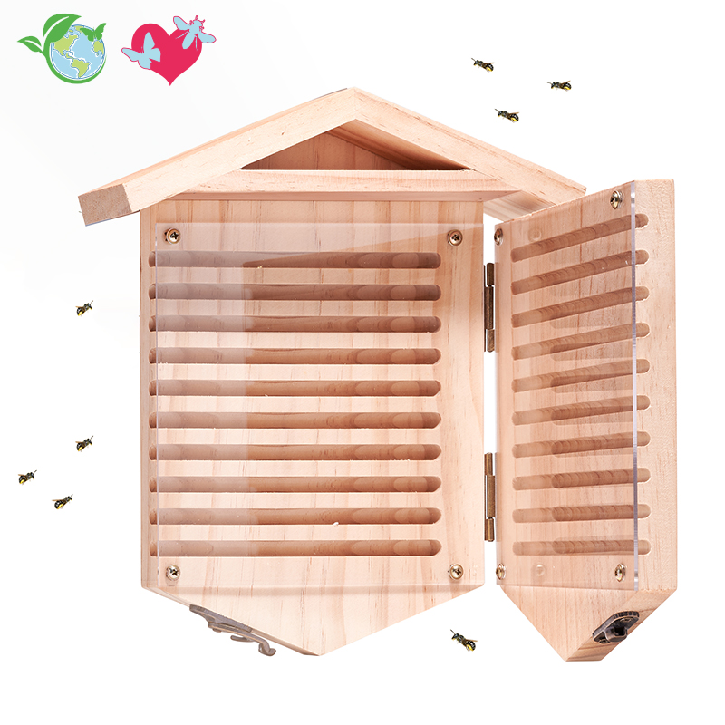 Wildbienen-Hotel mit Beobachtungsmöglichkeit, aus Holz, zum Aufklappen