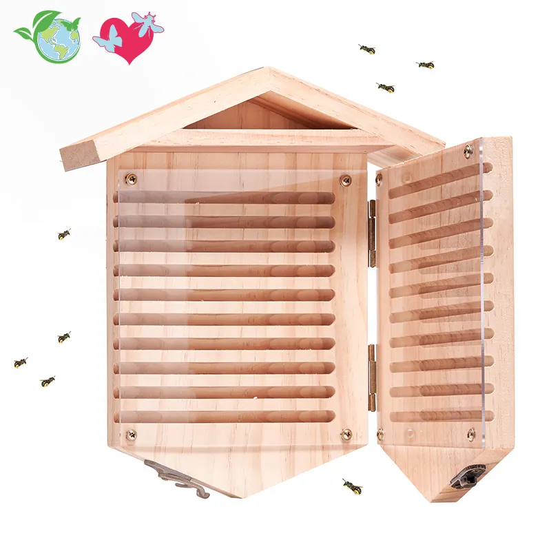 Wildbienen-Hotel mit Beobachtungsmöglichkeit, aus Holz, zum Aufklappen