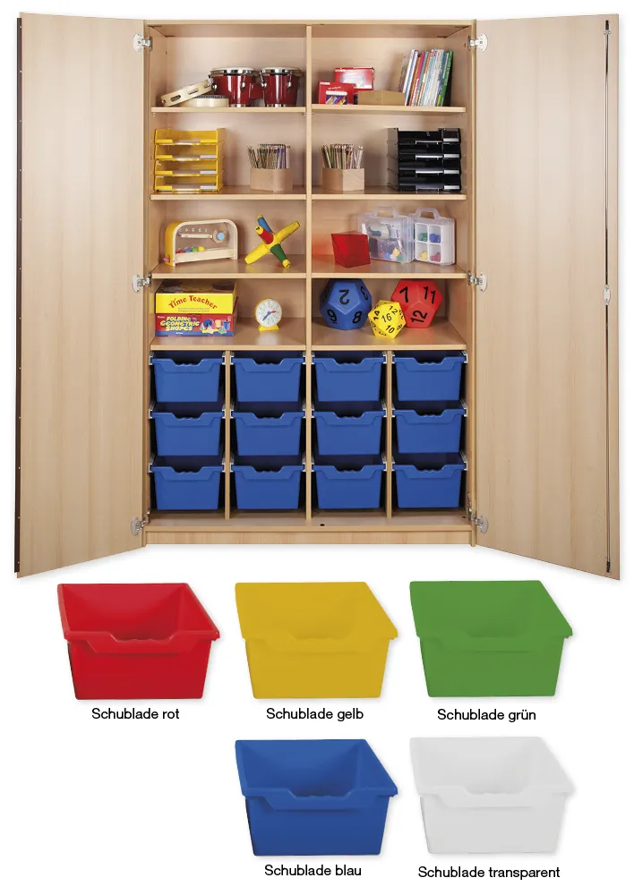 Material-Hochschrank XXL, Plustiefe, 8 Fachböden, 12 Schubladen XL