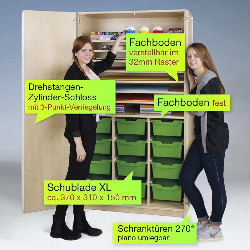 Material-Hochschrank L, Sondertiefe, 8 Fachböden, 12 Schubladen XL